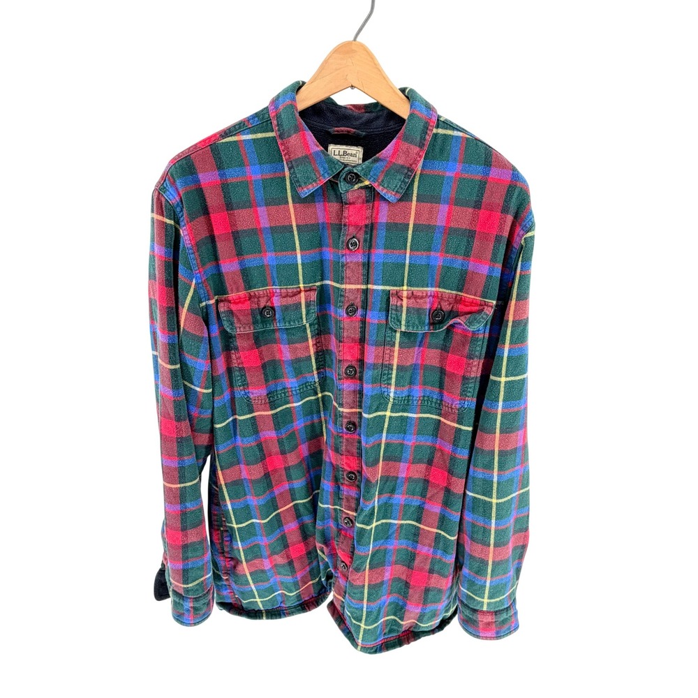 LL Bean Vintage Fleece Lined Flannel Shirt Jacket Plaid Green Red L Tall 298190